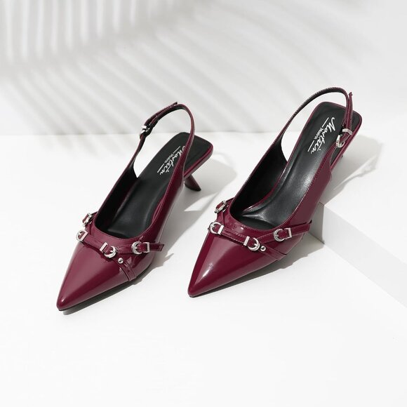 Mostrin Kitten Heel Red Faux Leather Low Slingback Heels with Buckle Dress Shoes - Picture 8 of 8